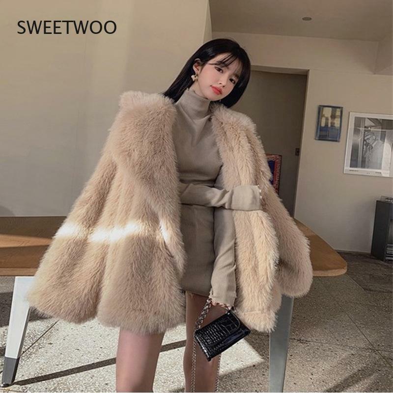 Women 2021 New Autumn Winter Long Faux Fox Fur Jackets Female Warm Imitation Fur Coats Ladies Loose Lapel Solid Outwear