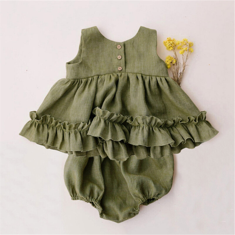 Ropa de algodón de lino suave para niñas, conjunto de ropa de Boutique para niños pequeños, Tops, blusa y bombachos, 2 piezas