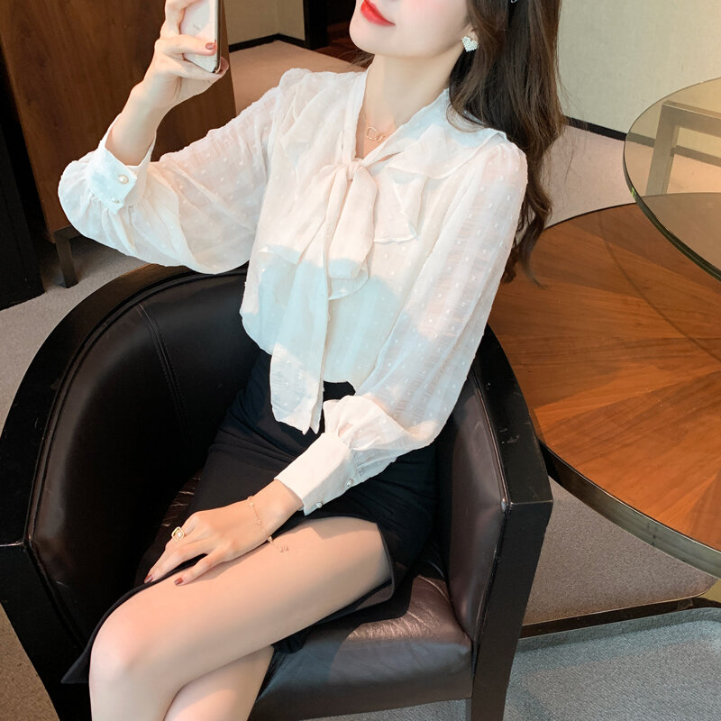 Blusa feminina chiffon com mangas compridas, camisa feminina estilo palácio camisa de chiffon com babados laço blusa feminina profissional 2021
