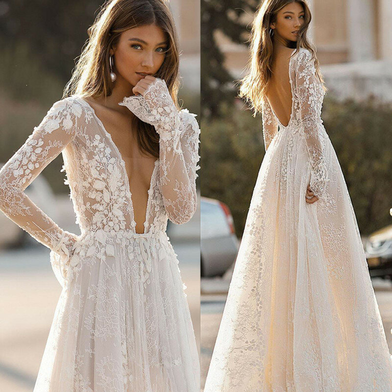 Gaun pernikahan lengan panjang elegan gaun pengantin 2023 pantai applique renda bunga 3D tanpa punggung leher V dalam gaun pengantin