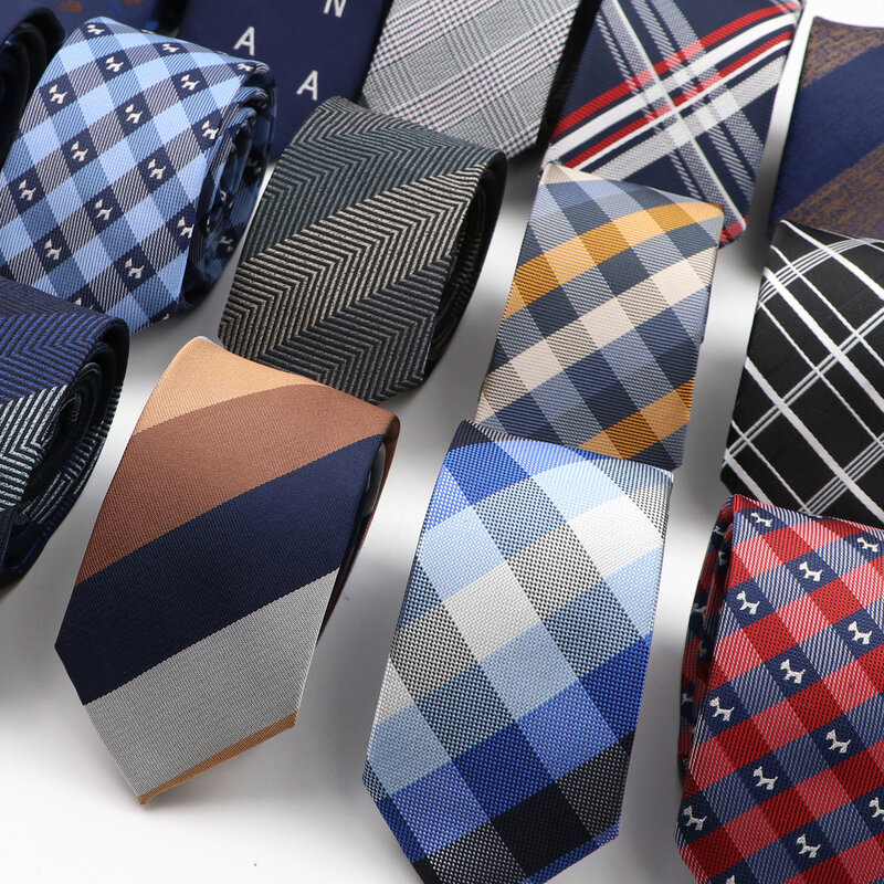 Cravate étroite en Polyester pour hommes, 6cm, à la mode, Jacquard, à rayures, à carreaux, slim, tenue quotidienne, cadeau pour réunion d'affaires