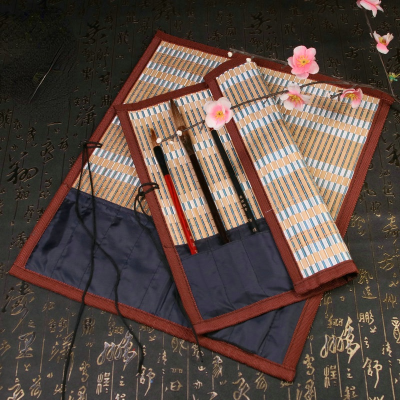 Sikat Tirai Bambu Bergulir Pensil Kasus Sikat Keriting Tirai Gaya Cina Kaligrafi Sikat Kasus untuk Siswa