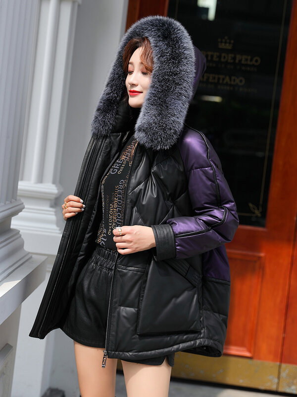 Boollili jaqueta de couro genuíno casaco de pele de carneiro roupas femininas 2023 coreano gola de pele de raposa pato para baixo casaco de inverno