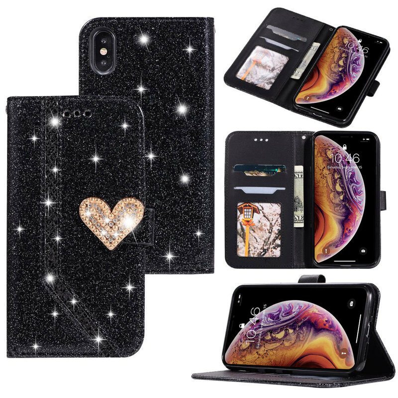 Card Holder Cellphone Case for IPhone 11 Pro Max Xs Xr X 7 8 Plus 6 6s 5 5s SE 2020 Glitter Magnetic Leather Flip Wallet Cover
