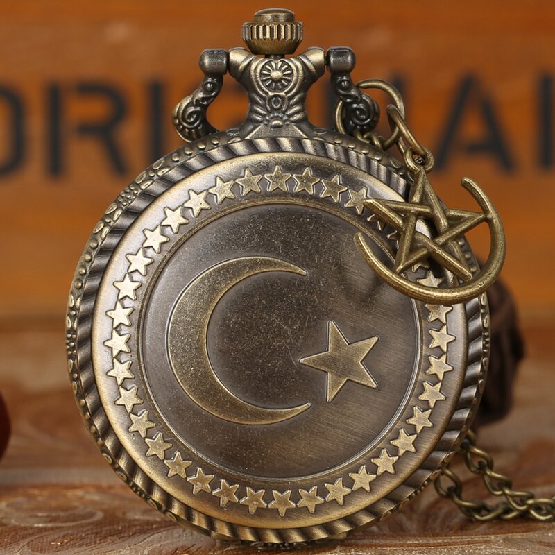 Retro bronze turquia bandeira design lua estrela círculo quartzo antigo relógio de bolso punk colar pingente para homem feminino com acessório