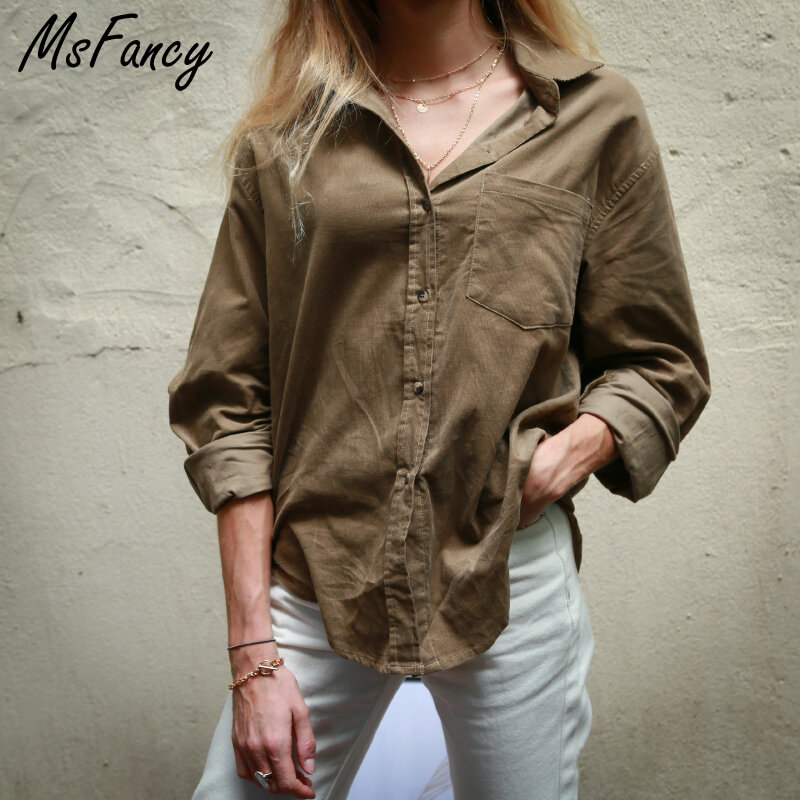 Msfancy-Camisa de manga larga de algodón para mujer, blusa informal de gran tamaño, KT8271, 2021