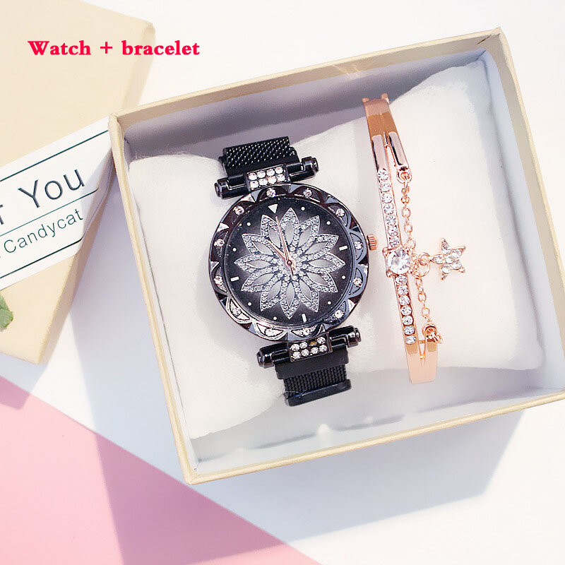 Mulheres Malha Ímã Fivela Sorte Flor Relógios + pulseira conjunto céu Estrelado De Luxo Senhoras Strass Relógio de Quartzo Relogio feminino