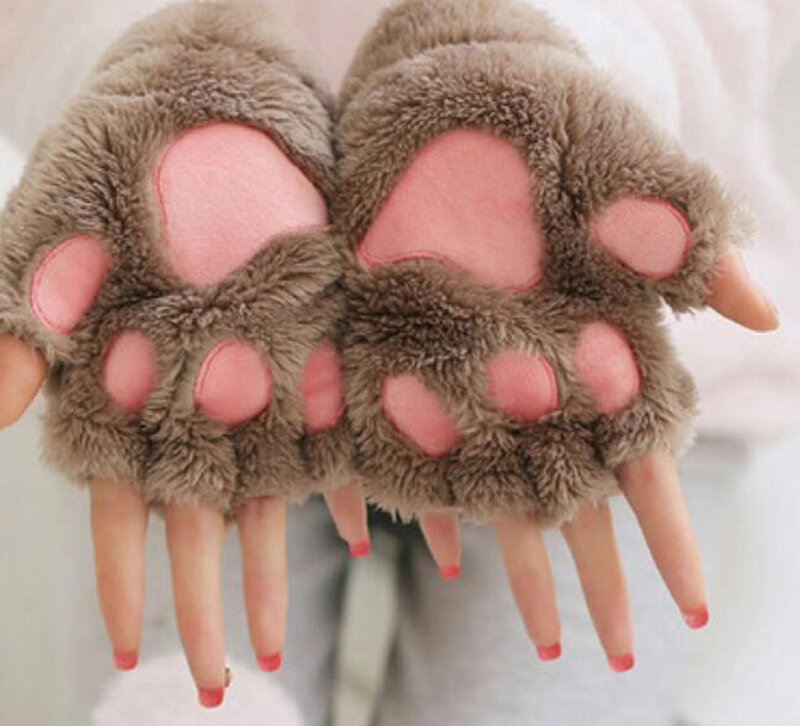Mitaines en peluche patte de chat mignonnes pour femmes, gants de patte d'ours courts moelleux sans doigts, costume chaud et doux, cadeau de fête demi-doigt, nouveau