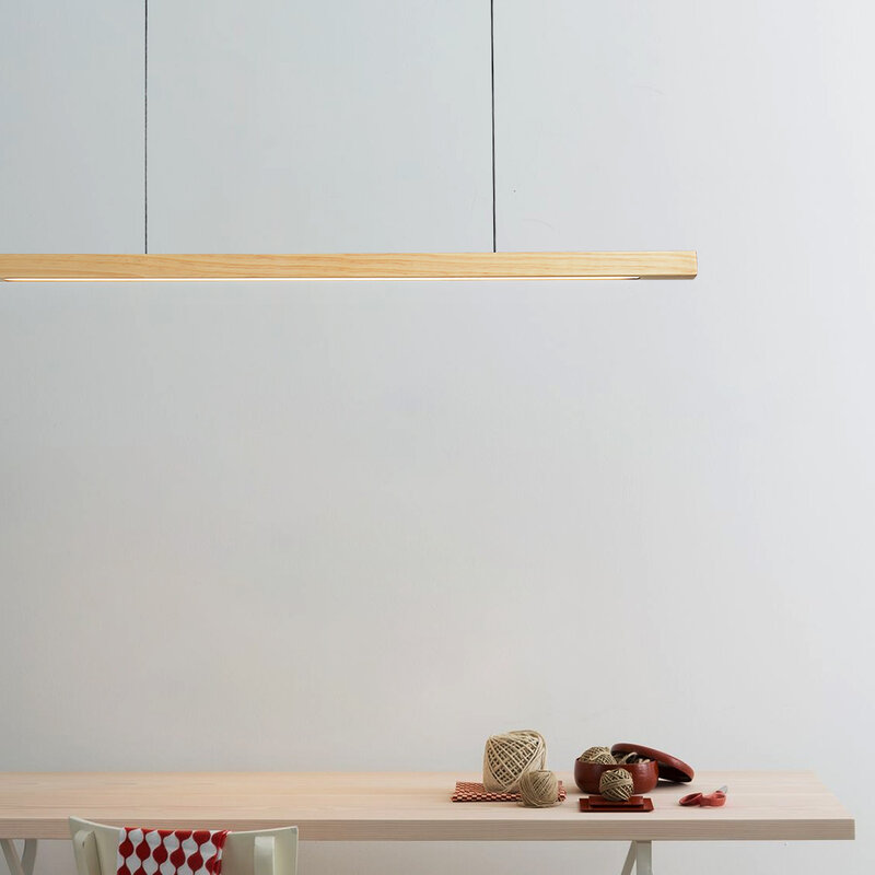 Luzes pingente de madeira pendurado lâmpada mesa moderna led longo linear luz ilha da cozinha iluminação para sala jantar escritório