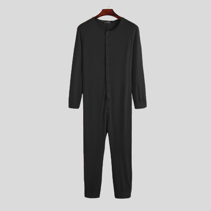 Mode Männer Pyjamas Overall Homewear Einfarbig Langarm Komfortabel Taste Freizeit Nachtwäsche Männer Strampler Nachtwäsche S-5XL