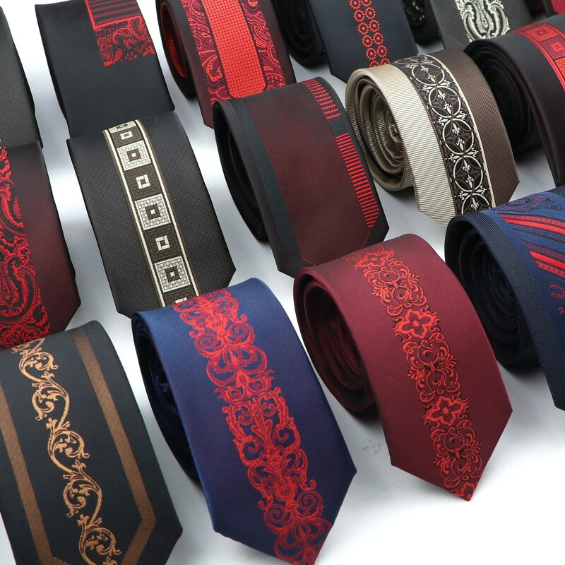 Nowy luksusowy krawat moda mężczyzna żakardowe tkane krawat Skinny Slim 6cm czerwony brązowy kwiatowy krawat Party bankiet koszula prezent akcesoria
