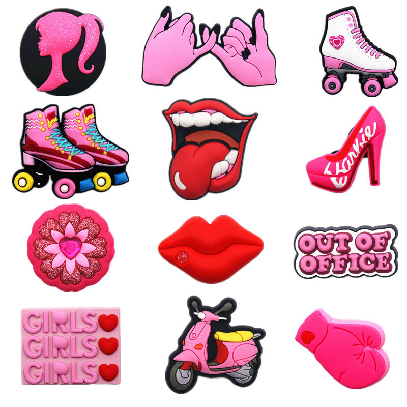 Oryginalne buty Charms różowe wrotki dziewczyna rękawice bokserskie usta wysokie obcasy dekoracja butów akcesoria dla Croc jibz Kids Party