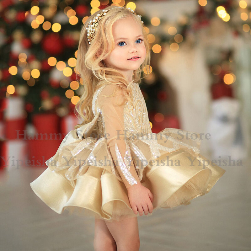 Champagne Baby Girl Tutu Dresses Long Sleeves Sequin Puff Kids Pageant Party Gowns Sparkling Toddler Flower Girl Dress