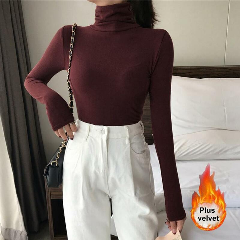 Pullover Tops Slim-fit Thermal Solid Color High Collar Long Sleeve Sweater for Daily Wear