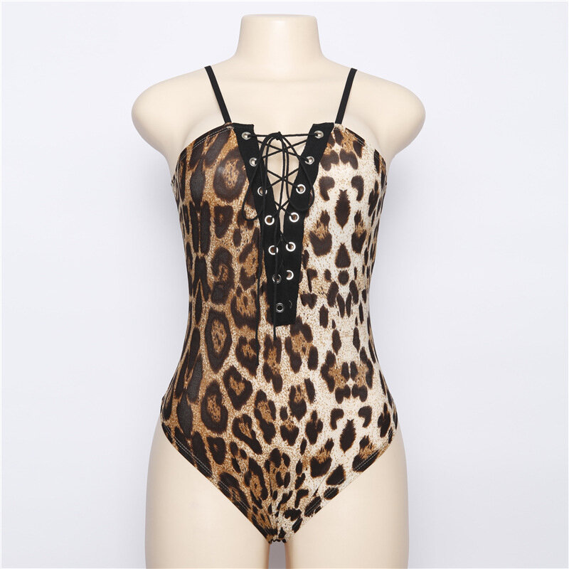 2019 Summer Women Bodysuit Leopard Print Bandage Bodycon Sexy Streetwear Rompers Festival Party Clothes Sleeveless Tops