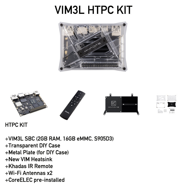 Khadas VIM3L HTPC KIT : Amlogic S905D3-N0N SBC, Ordenador de placa única con carcasa DIY, disipador térmico IR, placa de Metal remota, Mini ordenador