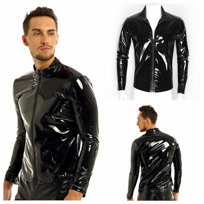 Masculino brilhante metálico manga longa frente-zip gola topos molhado olhar patente couro estilo nightclub camiseta casaco superior