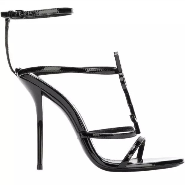 Sandalias de Cuero clásico para mujer, zapatos de tacón alto de 10cm con punta redonda abierta y logotipo de metal