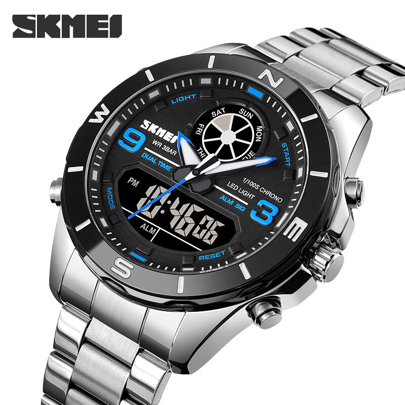 SKMEI-Reloj de pulsera de cuarzo para hombre, cronógrafo Digital masculino de acero de lujo, de doble horario, diseño Original, alarma