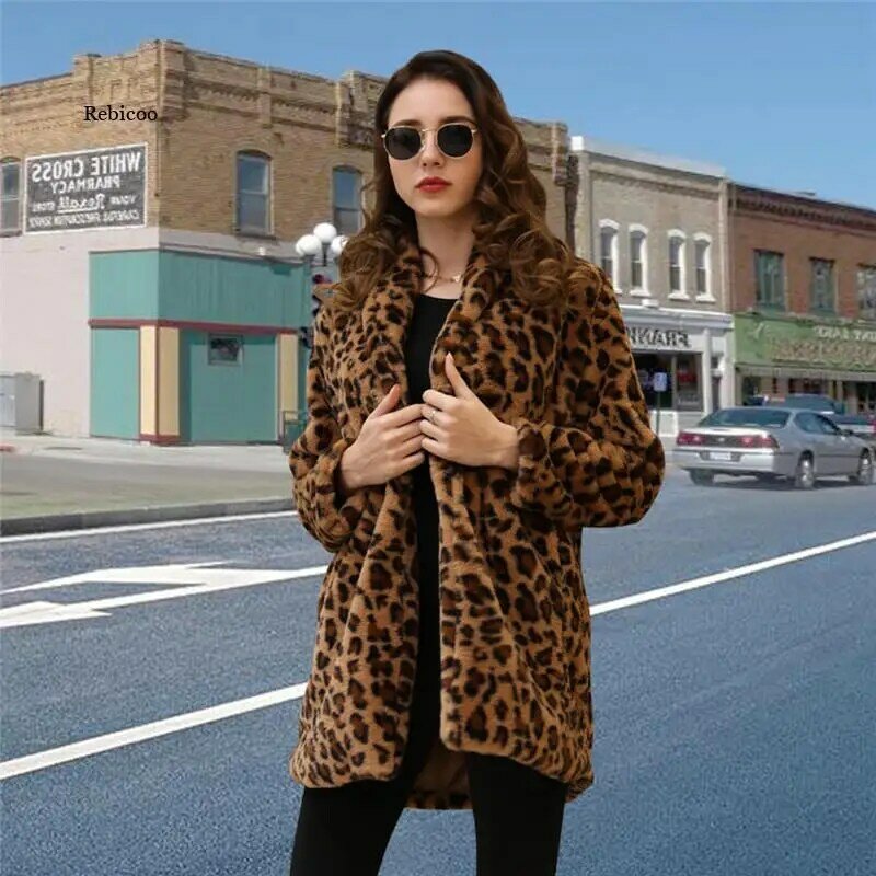 Moda leopardo feminino casaco de pele do falso de luxo longo casaco de pele solta lapela grosso quente outwear casacos femininos