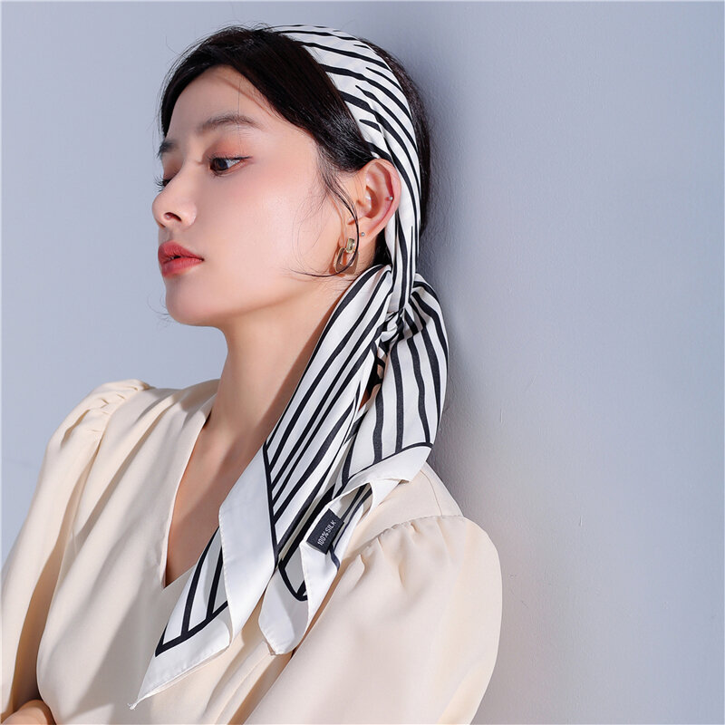 Bufanda cuadrada de sarga de lujo para mujer, diadema estampada, Hijab musulmán, bolso para el pelo para niña, cinta para la muñeca, Fular 2021