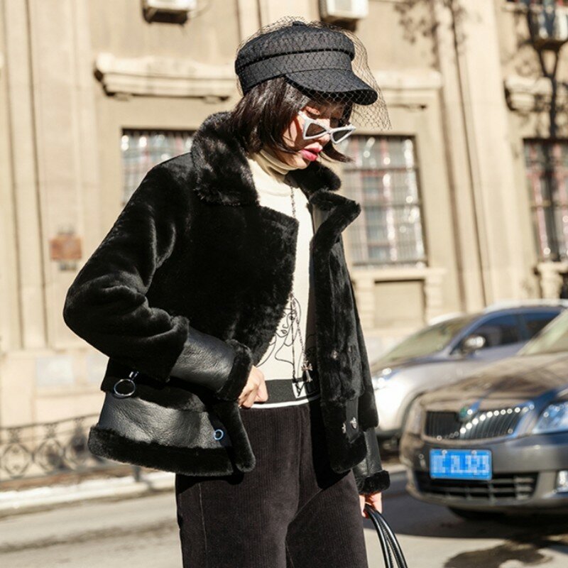 Winter New Mink Collar Real Leather Coat Women Korean Slim Long Sleeve Genuine Fur Shearling Jacket Warm Motorcycle Clothes