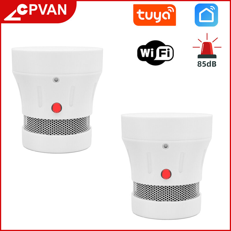 CPVan 2 Buah Detektor Asap WiFi Tuya Koneksi Aplikasi CE Bersertifikat TUV Sensor Asap EN14604 Terdaftar untuk Keamanan Rumah
