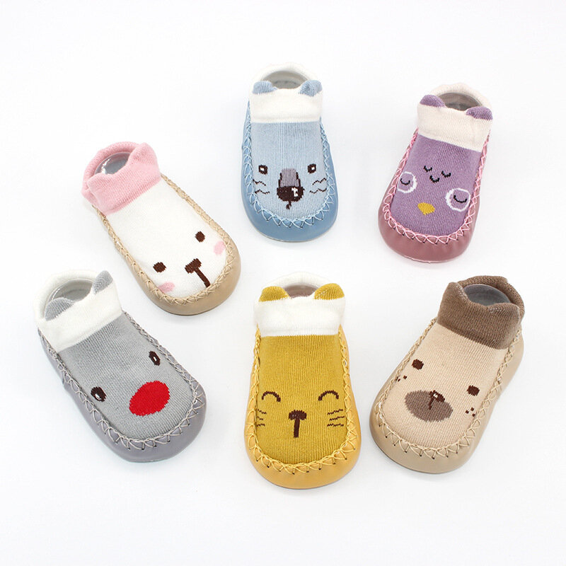 Милые детские носки с резиновой подошвой, Нескользящие мягкие носки с животным узором для новорожденных, детские носки-Тапочки