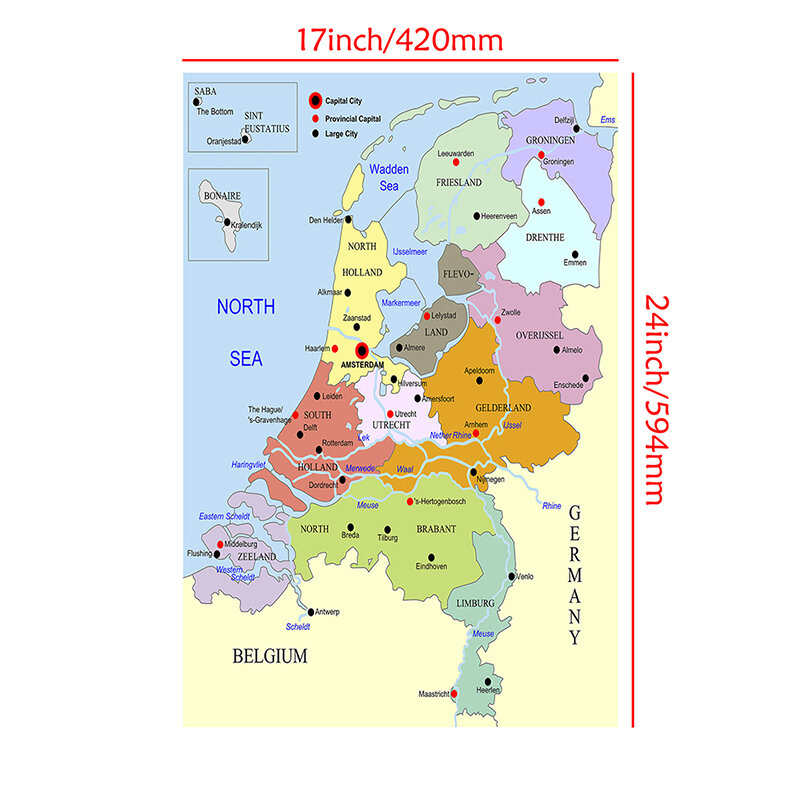 Poster Kanvas Peta Belanda Seri Belanda 42*59Cm Lukisan Dinding Jelas dan Mudah Dibaca untuk Pendidikan Perlengkapan Sekolah