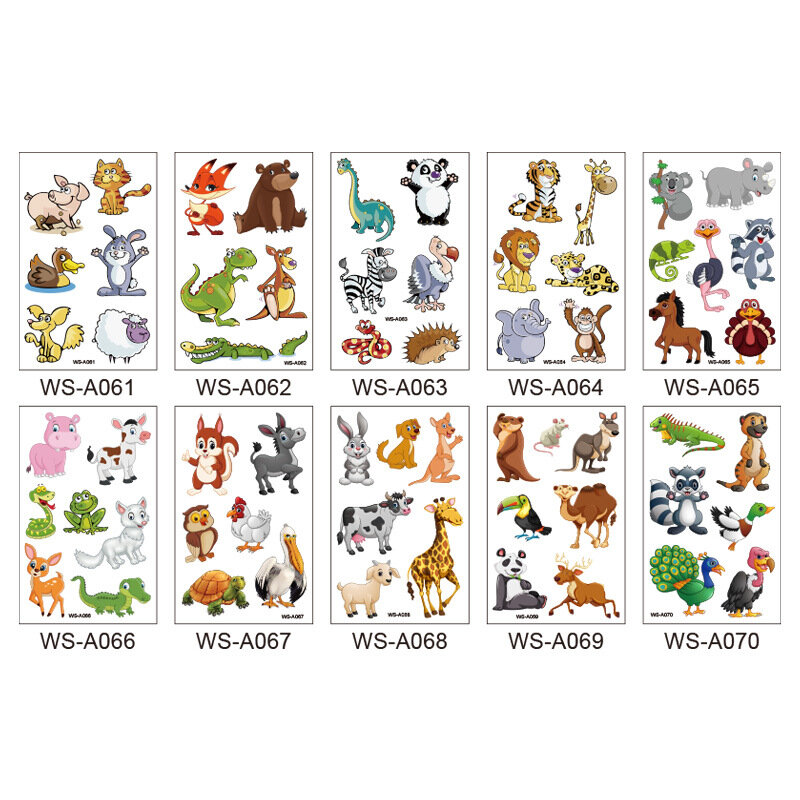 10Pcs 어린이 장난감 문신 스티커 만화 동물 기린 Tigher 곰 고양이 방수 바디 페이스 키즈 임시 문신 스티커