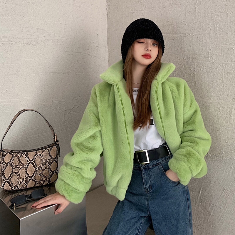 Abrigo de felpa informal coreano para mujer, abrigos cortos de piel sintética verde, abrigo de cuello alto, chaquetas gruesas y peludas cálidas de invierno, novedad de 2023
