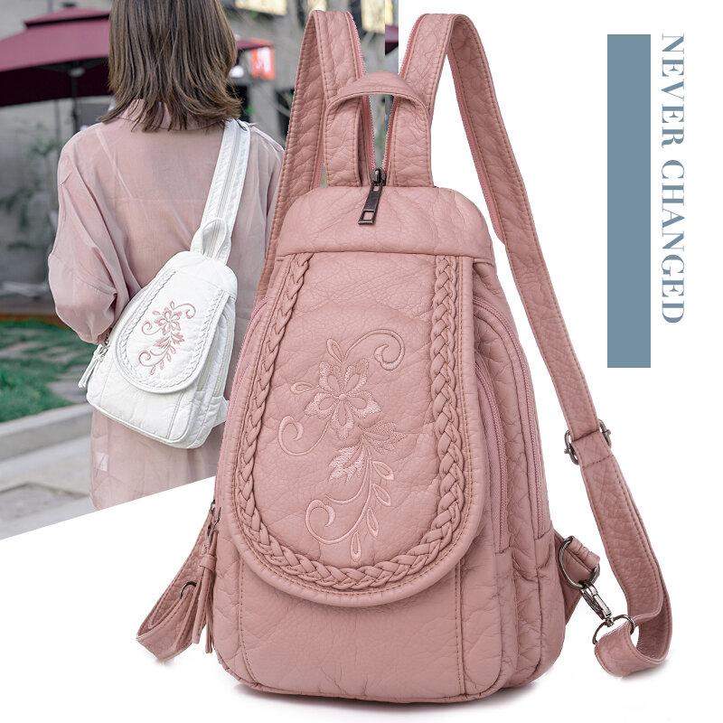 Модный однотонный мягкий рюкзак с вышивкой для женщин, Роскошный дизайнерский брендовый рюкзак, простой дорожный рюкзак, школьный ранец для девушек, 2021