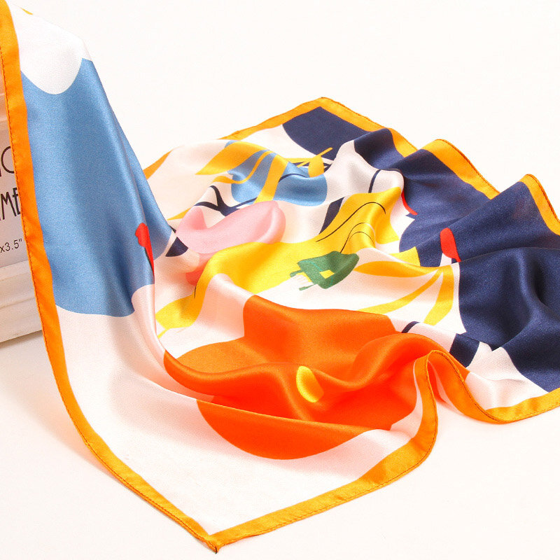 Pañuelo cuadrado de seda auténtica para mujer, Bandana con estampado de flores, de seda pura, para la cabeza, de gato bonito, 53x53cm