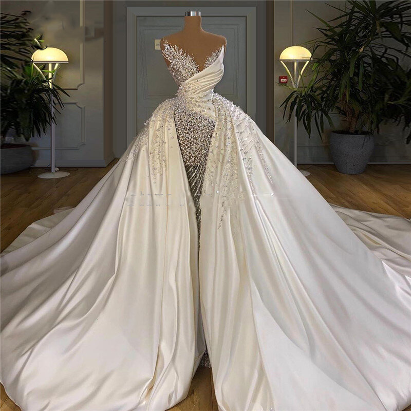 Major Pearls vestido de novia largo de lujo, vestidos de novia de moda con sin tirantes cuello en V, vestido personalizado elegante, falda extraíble