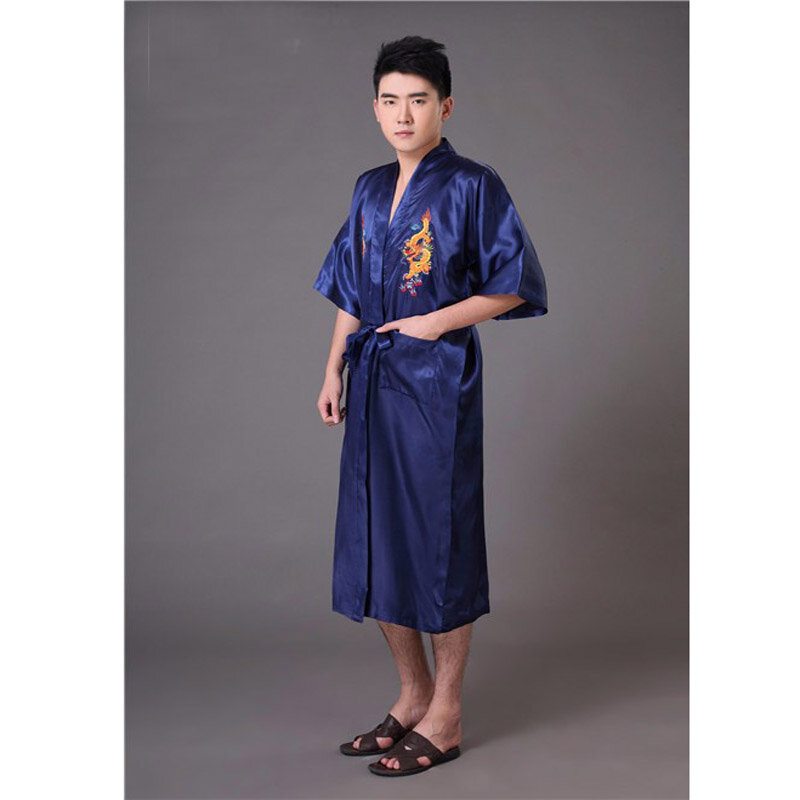 Kualitas Tinggi Baru Navybluepain Tradisional Pria Jubah Bordir Naga Satin Pakaian Tidur Antik Kimono Yukata Gaun Mandi 011031