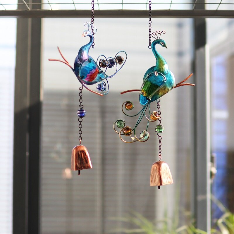 2 pezzi di metallo colibrì pavone con campane pendenti in vetro campanelli eolici balcone decorazione da giardino esterna coperta decorazione appesa