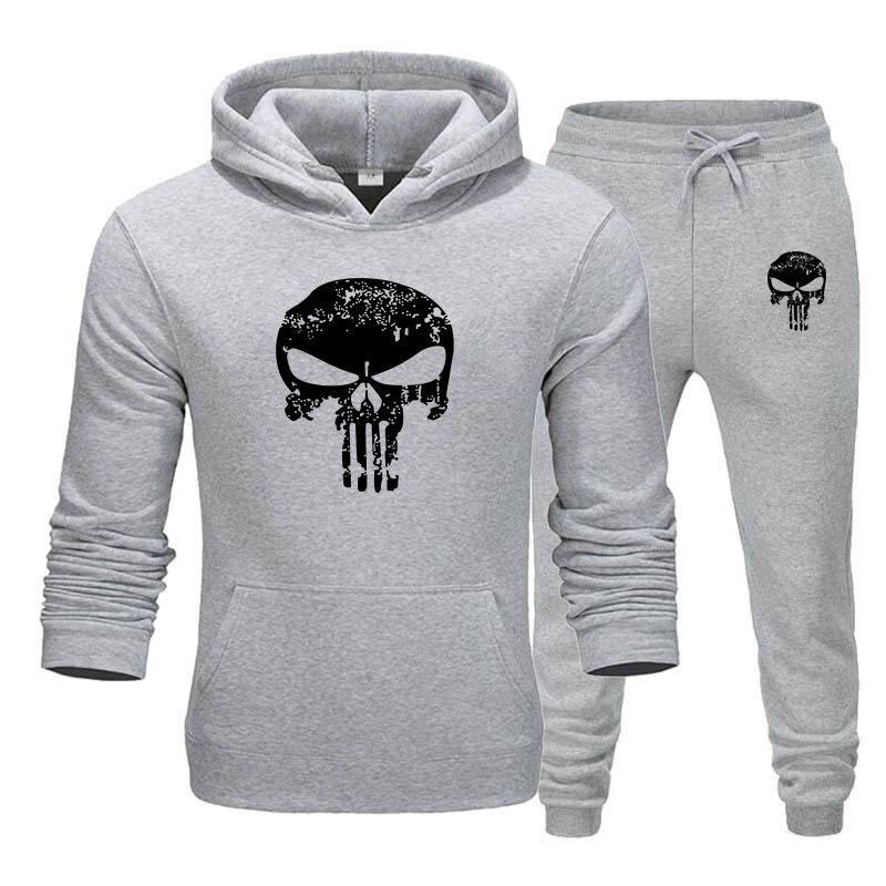 2 Buah Set Pakaian Olahraga Bertudung Sweatshirt + Celana Kolor Hoodie Olahraga Pria Pakaian Olahraga Lari Merek Tengkorak Pria Musim Gugur Musim Dingin