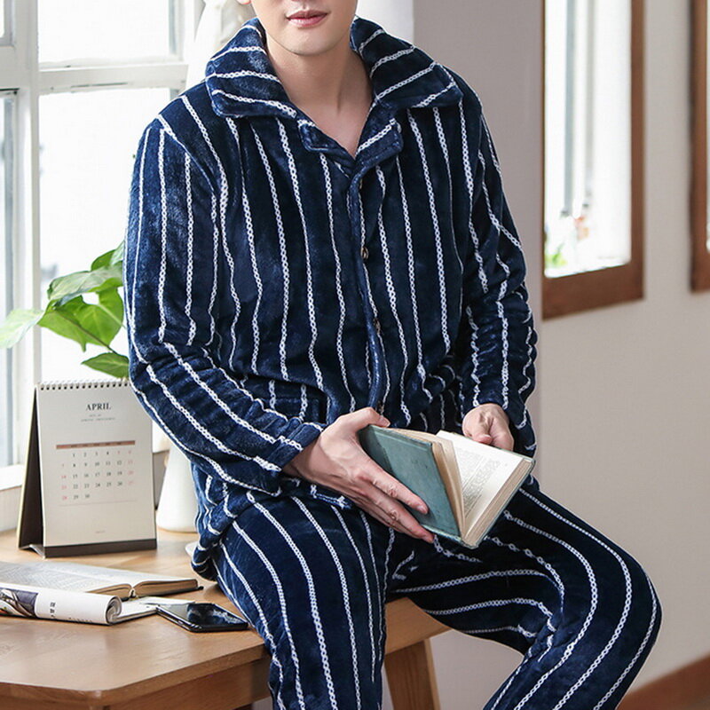 Warm Sleepwear Men's Flannel Winter Thick Pajama Male Thick Long Sleeve Pijama Casual Autumn Pyjamas Men Coral Fleece Sleep XXXL