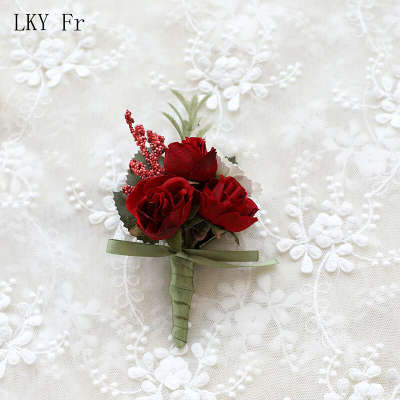 Boutonniere accessori da sposa polso corpetto Buttonhole fiori artificiali rose di seta braccialetto damigella d'onore sposo uomini spille da bavero
