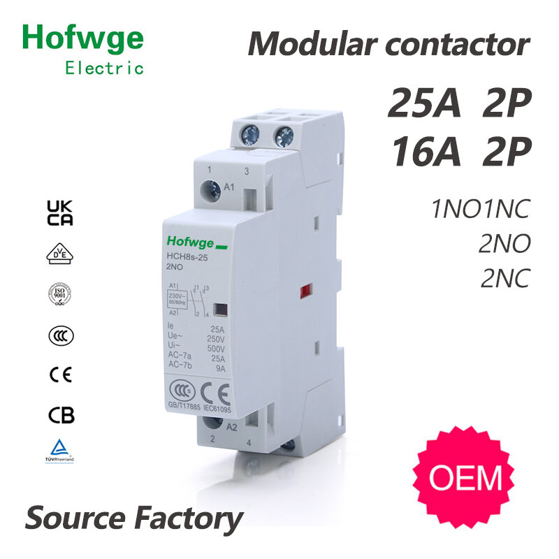 HCH8s-25 Kontaktor Modular 2P 25A AC DC 2NO atau 2NC 1NO1NC 24V 110V 220V Tipe Rel Kontaktor Din Rumah Tangga Otomatis