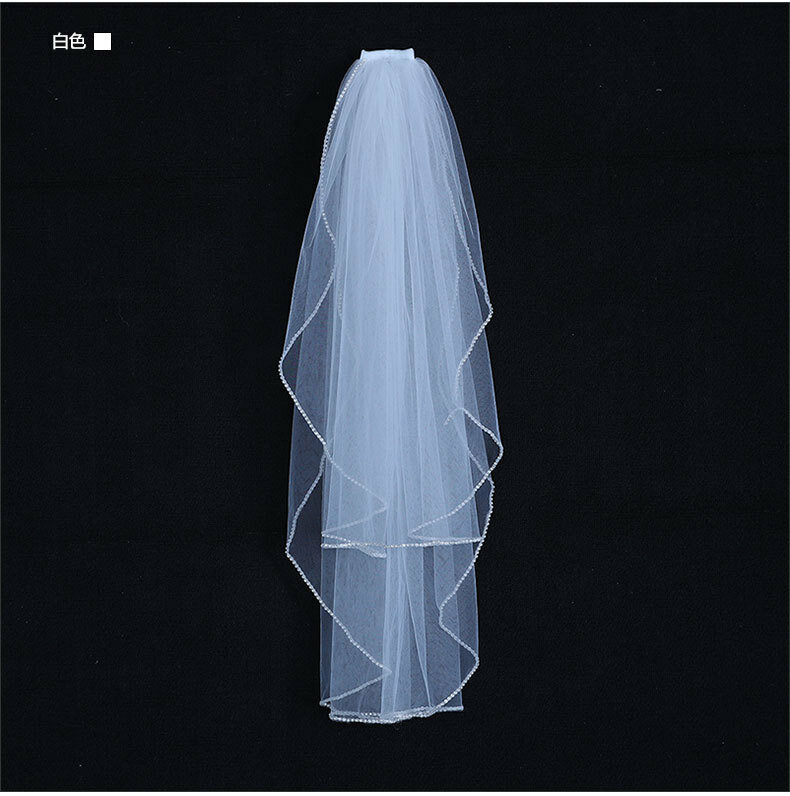 Short Beaded Bridal Veils with Comb White Ivory  Romantic Two Layers Tulle Bride Veil for Wedding Dress