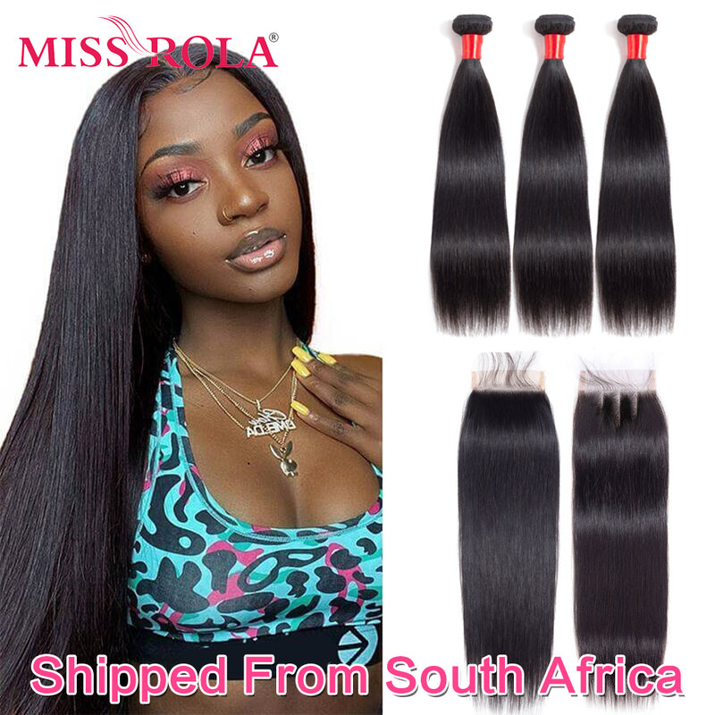 Miss Rola brasileño extensiones de pelo ondulado 100% cabello humano Remy extensiones de cabello recto Color Natural 3 paquetes con cierre de encaje
