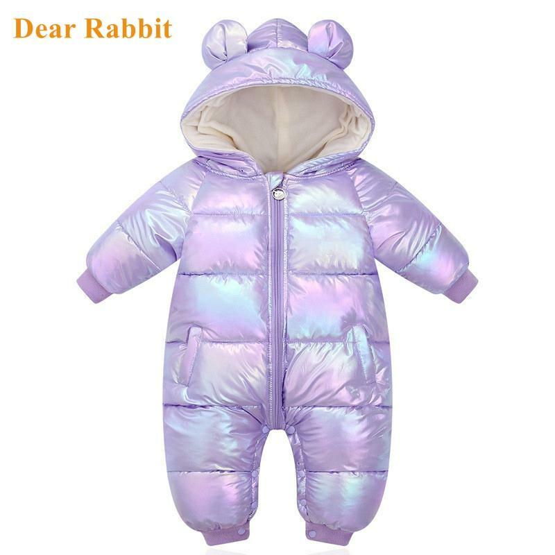 New Plus Velvet Jumpsuits Baby Winter Rompers Cartoon Hooded Shiny Waterproof Newborn Girls Snowsuit Toddler Boys Coat clothes