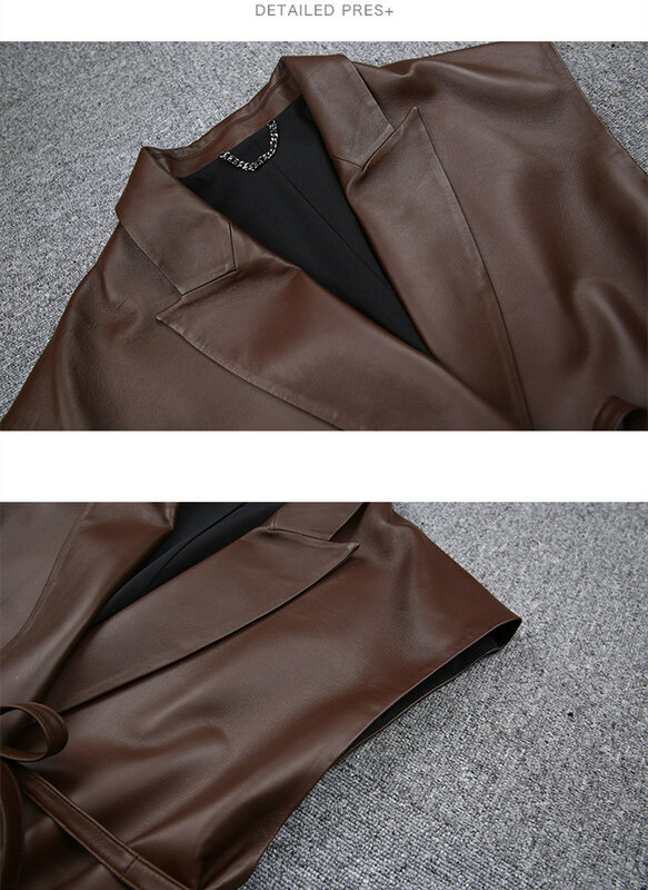 Factory New Arrival Women Classic Genuine Leather Windbreaker Sleeveless Wear a belt Slim Fashion Jacket