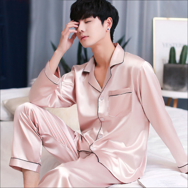 CAIYIER Spring Summer Silk Men Pajamas Set Solid Color Long Sleeve Sleepwear Modern Style Soft Men Nightwear Loose Homewea L-3XL