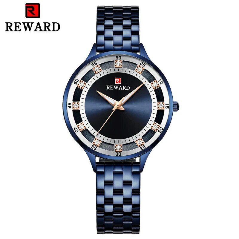 Reloj analógico azul de marca de recompensa para mujer reloj de pulsera de cuarzo de acero inoxidable de lujo Simple para mujer relojes de moda de diamantes de cristal