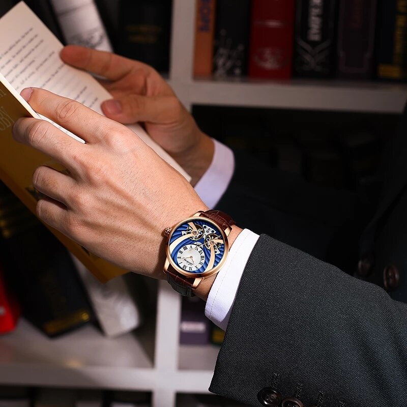 더블 뚜르비옹 비즈니스 남성 시계, 럭셔리 브랜드, 캐주얼 자동 기계식 스포츠 시계, 정품 가죽 남성 시계