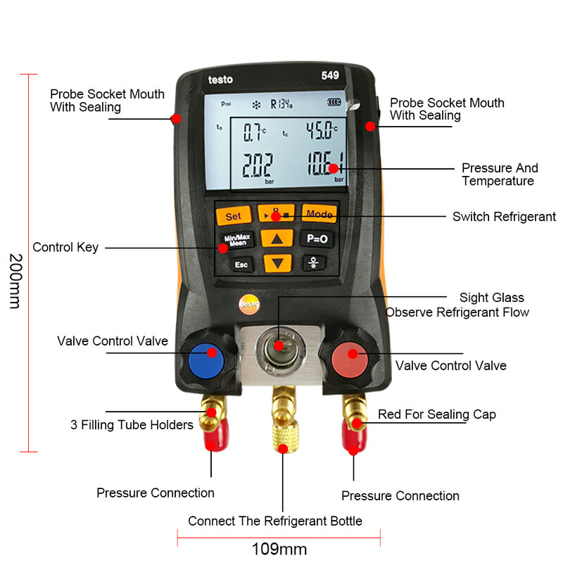 Original Testo 549 Digital Manifold Gauge For Digital HVAC System Tester Kit Meter LCD Digital Manometer Air Conditioning Tools