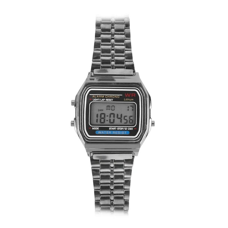 F91wスチールストラップ時計女性男性用多機能ledデジタルスポーツ腕時計電子時計