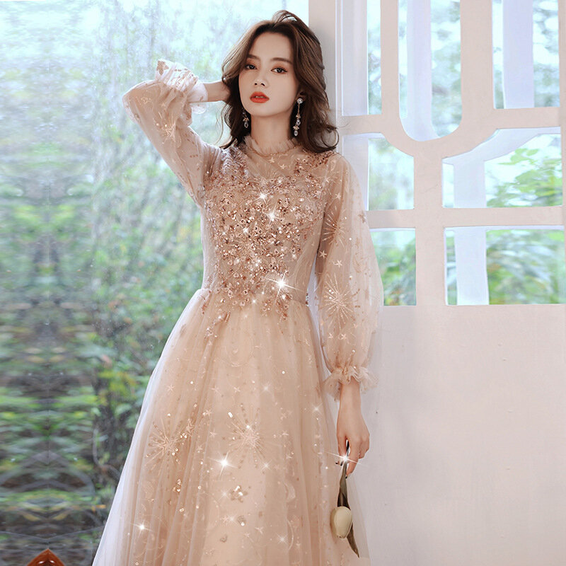 Sequins Evening Dresses New Illusion Champagne Long Sleeve Tulle Ball Gown Banquet Crytal Formal Prom Dress robes de soirée